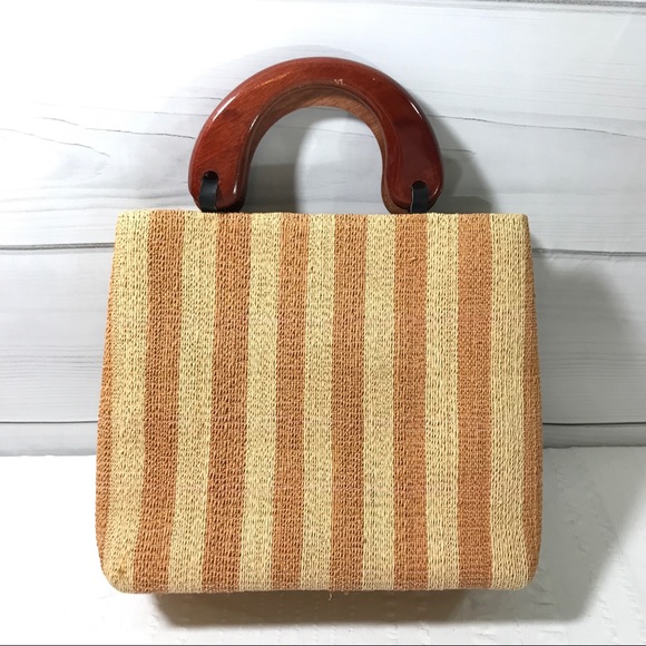 Beige Cream Striped Woven Paper Puka Shell Wood Handle Spring Summer Bea… - Picture 2 of 10